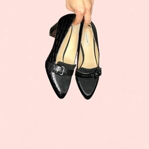 Chic black croc-embossed heeled loafers 🖤✨